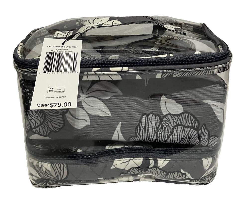 Vera Bradley 4-Piece Cosmetic Organizer Moon Shadow Meadow Gray Multi Gift NEW